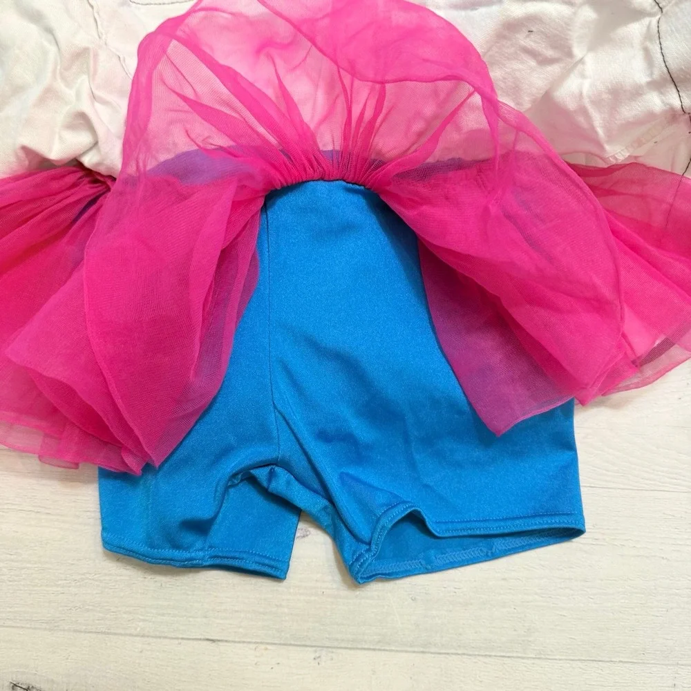 Weissman girls dance outfit leotard blue with white skirt pink tulle child small